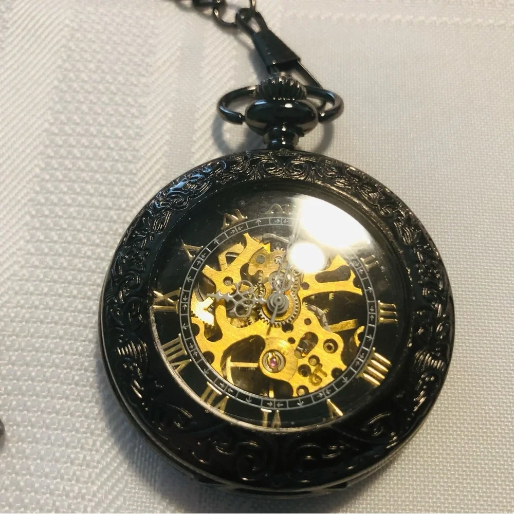Like New Black Men’s Mechanical Pocket Watch with Chain